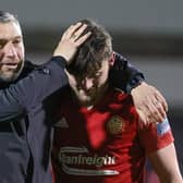 Portadown manager Matthew Tipton (left) with Lee Bonis. Pic by Pacemaker.