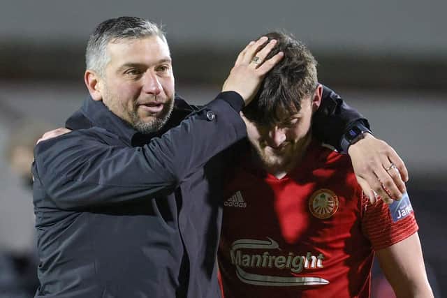 Portadown manager Matthew Tipton (left) with Lee Bonis. Pic by Pacemaker.