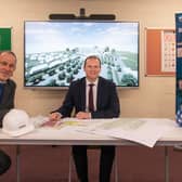 Looking at the plans for the new Ballymena campus for Northern Regional College are Karl McKillop, Construction Director, Heron Bros; Economy Minister Gordon Lyons; and Gillian McConnell, NRC Governor.