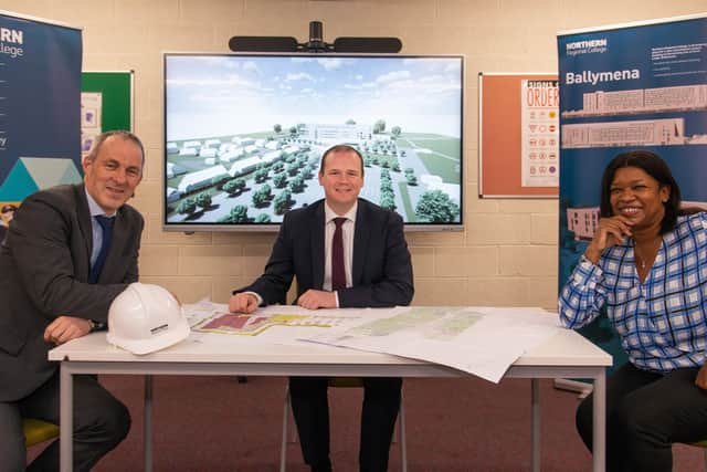 Looking at the plans for the new Ballymena campus for Northern Regional College are Karl McKillop, Construction Director, Heron Bros; Economy Minister Gordon Lyons; and Gillian McConnell, NRC Governor.