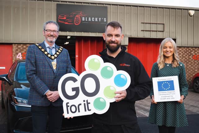 Darren Black (centre) with the Mayor of Mid an East Antrim, Councillor William McCaughey and Catherine Henderson, business and marketing executive at Ledcom.
