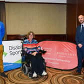 Pictured from L-R are Pablo Cordoba Huertos (DSNI), Caroline Millar (Antrim Boccia) and Kevin Flannery, Regional Manager at Progressive Building Society, at the Disability Sport NI AGM held at Antrimâ€TMs Dunsilly Hotel.