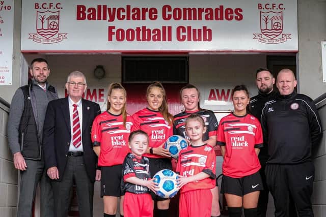 Ballyclare Comrades Manager Paul Harbinson and Chairman Trevor McCann pictured alongside Steven Lowry (Chairman Ballyclare Comrades Ladies) and  JP Coogan (Manager Ballyclare Comrades Ladies) with players from the newly formed women's section.