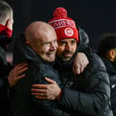 Larne boss Tiernan Lynch celebrates with Tim McCann