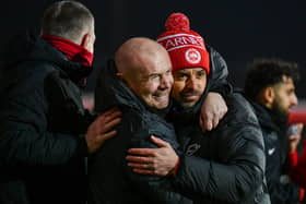 Larne boss Tiernan Lynch celebrates with Tim McCann