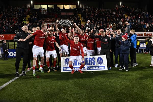 Larne lift the Co Antrim shield for the second year running after a 1-0 win over Linfield at Seaview in Belfast. Photo Colm Lenaghan/Pacemaker Press