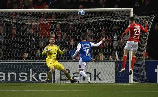 Larne's  Tomas Cosgrove scores during this evening's  game at Seaview in Belfast. Pic Colm Lenaghan/Pacemaker