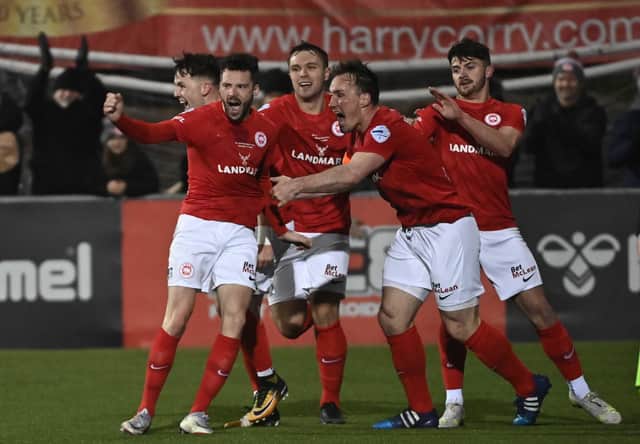 Larne's Tomas Cosgrove celebrates his goal.