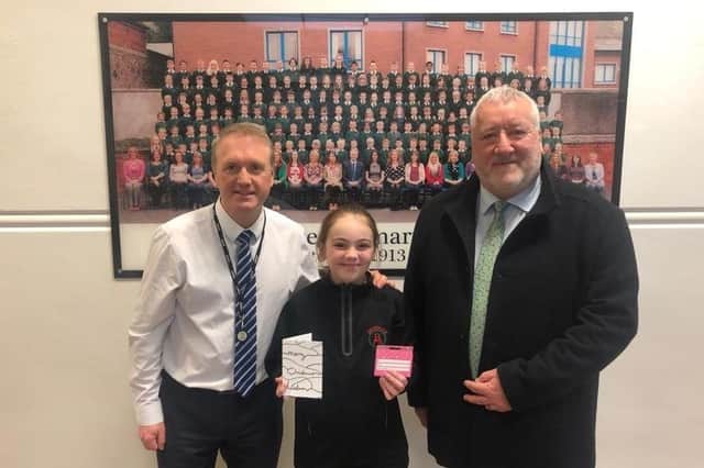 Pat Catney MLA with Brownlee PS Principal Colin Elliott and student Kaitlyn