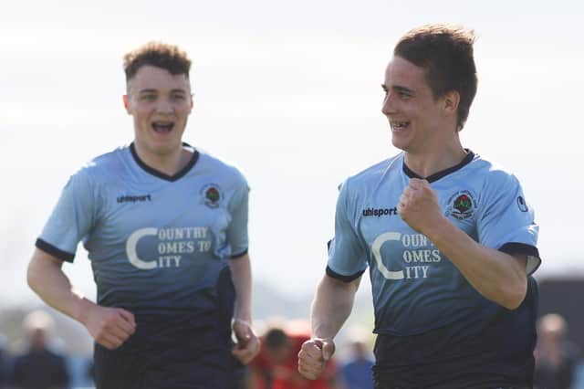 Gareth Brown celebrates with Jake Morrow after scoring for  Institute during their Championship title winning season of 2018. Picture by Lorcan Doherty/Presseye