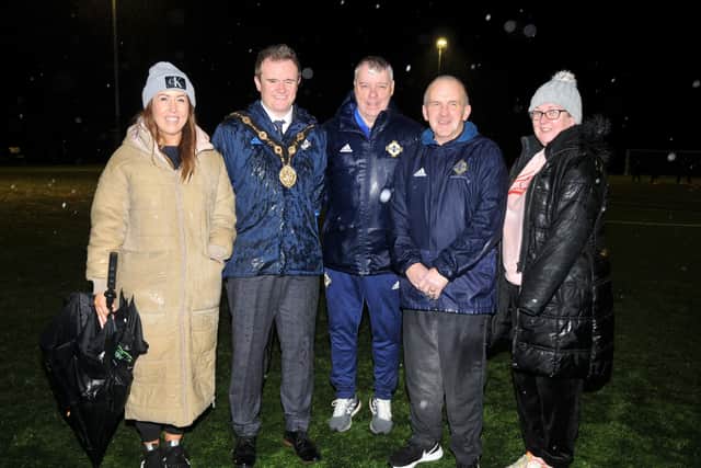 Parents Lesley Killen and Karen Orr with Mayor Stephen Martin and coaches from the IFA. Picture: Jonathan Irwin