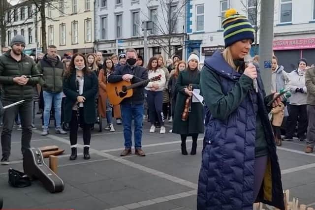 St Enda’s Camogie Club, Derrymacash,, Chairperson Erin McArdle who spoke at a vigil in Lurgan, Co Armagh in memory of murdered teacher Ashling Murphy from Tullamore, Co Offaly. Photo courtesty of Martin Lavery.