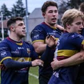 Robin Sinton congratulated by Adam Doherty, Cavid McCann and Rob Lyttle during Banbridge's 22-31 victory over Old Belvedere in the Division 1B of the Energia All-Ireland League. Picture: John Mullan