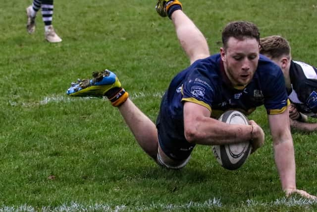 Robin Sinton finishing off for Bann's second try. Picture: John Mullan