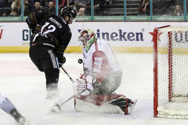 Belfast Giants' J J Piccinich with Cardiff Devils' Mac Carruth during last Friday's Elite Ice Hockey League game at the SSE Arena, Belfast. Picture: William Cherry/Presseye