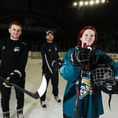 David Goodwin, captain, Belfast Giant, Jeff Mason, assistant coach, Belfast Giants, and Carla Magee, Ice Academy participant. A group of 15 local young people laced up their skates for the first time at The SSE Arena as the fourth Odyssey Ice Academy officially got under way with the Stena Line Belfast Giants. Picture: Kelvin Boyes, Press Eye