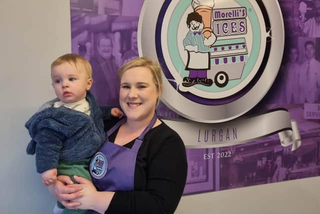 Carla Setchfield and son Noah. Carla and her husband Mark have just opened their first Morelli's franchise in Edward St Lurgan.