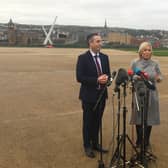 First Minister Paul Givan and Deputy first Minister Michelle O'Neill at Ebrington today.