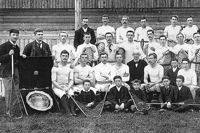 The original 1893 Newtownards Lacrosse Team: By 1879 a number of lacrosse clubs had emerged to join the Ards Lacrosse Club and in that year an Irish Lacrosse Union was founded, a development driven by Captain Hugh C Kelly of Ballymacarrett, Co Down. By 1886, there were at least 13 active lacrosse clubs in Ireland these included Chichester Park, Clarence, Cliftonville, Dublin University, Methodist College, North of Ireland, Down Athletic Club, Rugby, Ards, Royal Academical Institution, Ulster, Windsor and YMCA. These teams competed for two trophy plates - incredibly, these two trophy plates are still held in the offices of Ards Borough Council