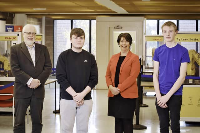 Northern Regional College students and winners of Gallaher Trust Scholarships David McGaughey (second from left) and James McIlfatrick, (far right) with Roy Douglas, trustee of The Gallaher Trust and Christine Brown, Northern Regional College Vice Principal, Teaching & Learning.
