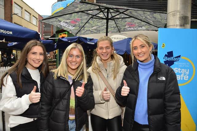 The Northern Ireland Executive has agreed a series of relaxations to Covid-19 restrictions.
 Aoife Teague, Eimear Shannon, Claire Teague and Ciara Fanning are pictured in Belfast City Centre looking forward to the changes.
Picture By: Arthur Allison/Pacemaker Press.