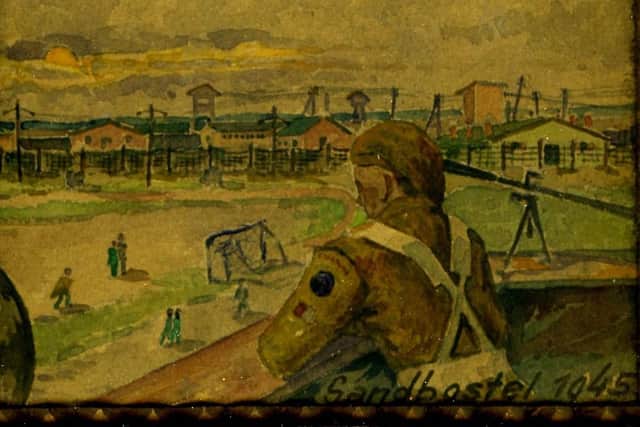 Watercolour painting of Sandbostel Concentration Camp by a German POW. The Coleraine Battery took over guard duties at Sandbostel and Belsen camps following their liberation in 1945. (Courtesy Coleraine Museum)