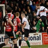 Robbie McDaid heads home the decisive goal in victory for Glentoran over Crusaders by 2-1 at Seaview. Pic by PressEyeLtd.