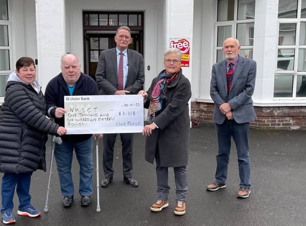 Pictured at the cheque presentation are  Sean O’Kane, his sister Rose Marie McCracken from Cookstown, and representing the Robinson Hospital Board of Trustees David Robinson President, Margaret Allison Vice President, and Dr John Flynn Hon. Secretary.