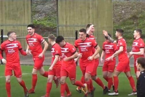 Ballyclare players celebrate their opening goal. (Pic Ballyclare Comrades media team).