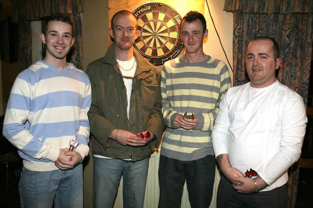 The Tom, Dick and Harry team who played during the charity darts night at Portstewart Football Club. From left, William Hill, Alastair Watt, Chris McVicker and Brian McGinn. CR2-149PL