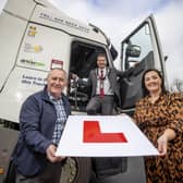 Lord Mayor of Armagh, Banbridge and Craigavon Council Glenn Barr, Chair of Economic Development and Regeneration Committee Councillor Declan McAlinden and Enterprise Development Manager Sarah-Jane Macdonald launching the new ABC HGV Training and Employment Academy which will fully fund 45 HGV training positions and guarantee an interview with a local employer.