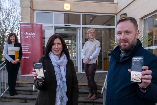 Belfast based online learning solutions company, DAMGEO developed KLEOS to provide digital careers support service for students aged 11–18-years-olds. Front row, from left: Colleen and Damien Caldwell, Founders of DAMGEO. Back row Childcare Lecturer, Katrina McCallion and Head of Inclusive Learning at Northern Regional College, Jennifer McFadden.