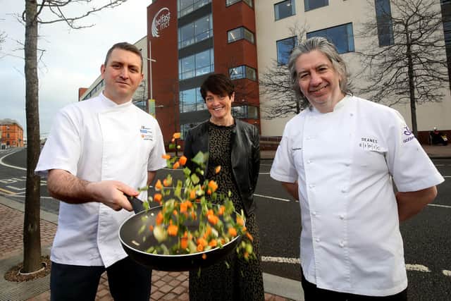 FutureChef Judges Geoff Baird from Henderson Foodservice (left) and Michael Deane (right) are pictured with Caitriona Lennox from Springboard