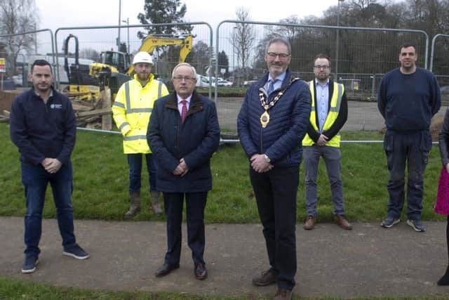 L-R Cllr Timothy Gaston, Niall McAlindon (Haffey’s Sports Grounds), Cllr Tom Gordon Mayor, Mayor William McCaughey, Andrew McMullan (Capital Works Manager MEABC), Ald Stewart McDonald and Claire Duddy (Development Manager, MEABC).