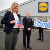 Celebrating the Lidl announcement are Economy Minister Gordon Lyons, Maeve McCleane, director of human resources at Lidl Ireland and Northern Ireland, Lidl Dundonald duty manager Matthew Blair and customer assistant Faye Harvey.