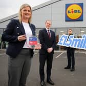 Celebrating the Lidl announcement are Economy Minister Gordon Lyons, Maeve McCleane, director of human resources at Lidl Ireland and Northern Ireland, Lidl Dundonald duty manager Matthew Blair and customer assistant Faye Harvey.