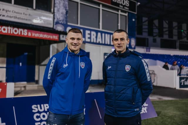 Oran Kearney welcomes Andrew Mitchell to Coleraine. PICTURE: David Cavan