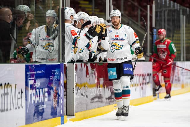 Griffin Reinhart celebrates his goal against the Cardiff Devils last weekend. Picture: James Assinder/Cardiff Devils