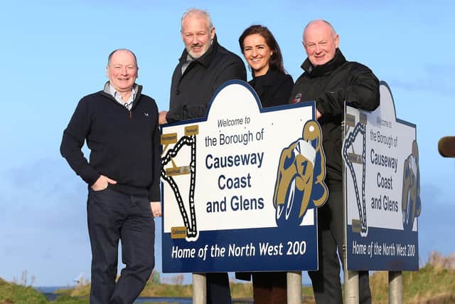 Alan Mulholland and Leone Paul of Olive Branch join Mervyn Whyte and Cathal Cunning of the fonaCAB & Nicholl Oils North West 200 to announce the charity will be the sole designated charity of the 2022 event.
PICTURE BY STEPHEN DAVISON