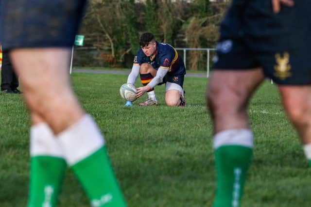 Jordan Mullan lines up a conversion attempt in Bann Fourths' Forster Plate game against Ballynahinch Fourths. Picture: John Mullan
