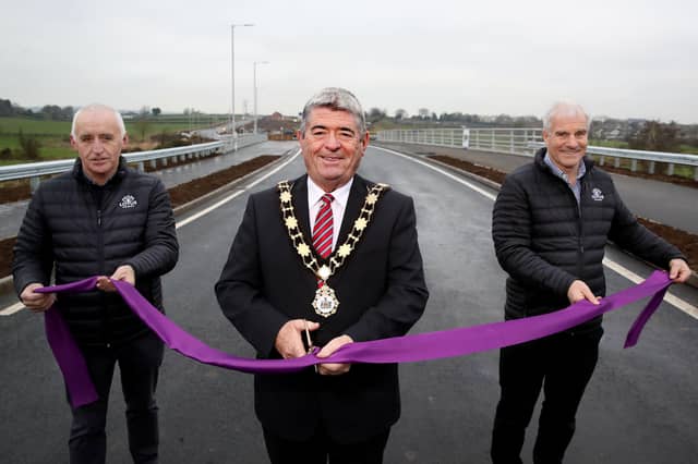 Mayor Billy Webb, Ciaran Murdock and Paul O' Rourke at the official opening of the new Ballyclare relief road.