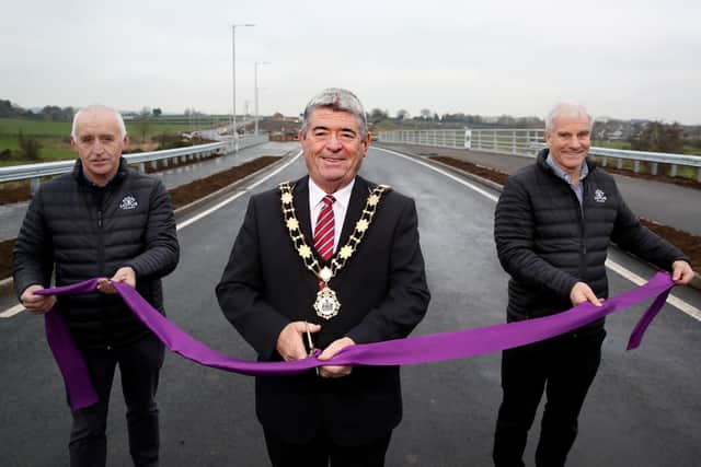 Mayor Billy Webb, Ciaran Murdock and Paul O' Rourke at the official opening of the new Ballyclare relief road.