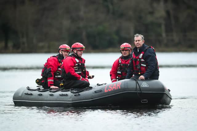Edwin Poots with Lagan Search and Rescue in Hillsborough. Photo by Kelvin Boyes / Press Eye.
