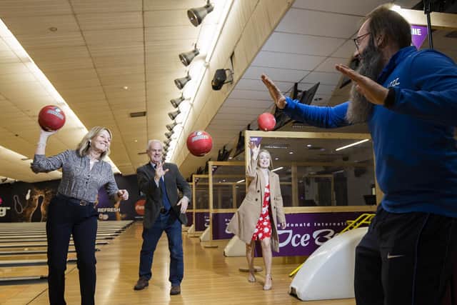 Pictured at the launch of the 2022 'Business Games Challenge' for businesses in the Lisburn Castlereagh area are: Alderman Amanda Grehan, Development Committee Chair; Councillor Thomas Beckett, Vice-Chair of Leisure & Community Development; Councillor Sharon Skillen, Leisure & Community Development Chair and Faron Morrison,Sports Development Officer. The three rounds are Dodgeball, Fursal 5-aside Soccer and Ten-Pin Bowling.