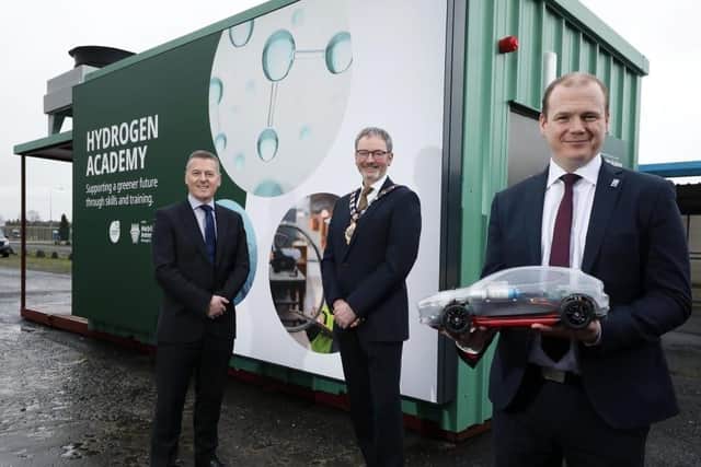 Graham Whitehurst MBE, Chair of MEA's Manufacturing Taskforce with Mayor of Mid and East Antrim Cllr William McCaughey and Economy Minister Gordon Lyons MLA