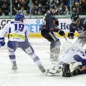 Belfast Giants' Mark Cooper and Ben Lake with Coventry Blaze's CJ Motte during an Elite Ice Hockey League game at the SSE Arena, Belfast.   Photo by Darren Kidd/Presseye