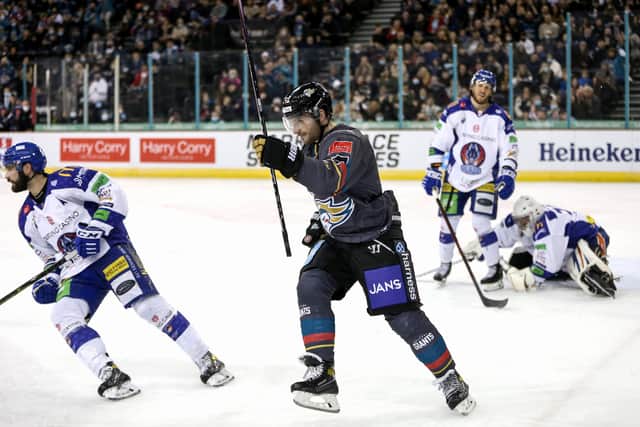 Belfast Giants' JJ Piccinich celebrates scoring against the Coventry Blaze in the Elite Ice Hockey League game at the SSE Arena, Belfast.   Photo by Darren Kidd/Presseye