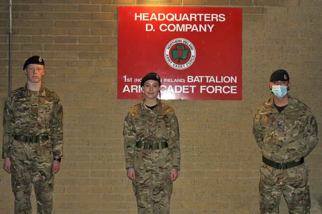 Cadets Lance Corporal Matthew Hall, Lance Corporal Nicole Jenkins with their Instructor Sergeant Ryan Steele. Picture: Kyna Ku.