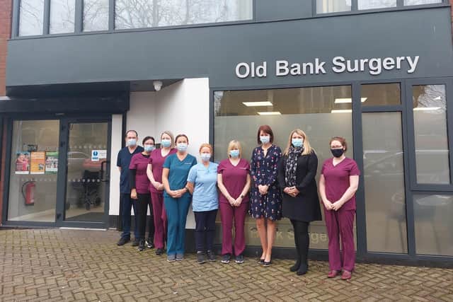 Old Bank Surgery Staff and Elaine Hunter, Programme Director, Primary Care Infrastructure at the HSCB (2nd from R) outside the new Old Bank Surgery in Ballymena