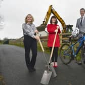 Alderman Amanda Grehan, Infrastructure Minister Nichola Mallon and Lisburn and Castlereagh City Council Chief Executive David Burns